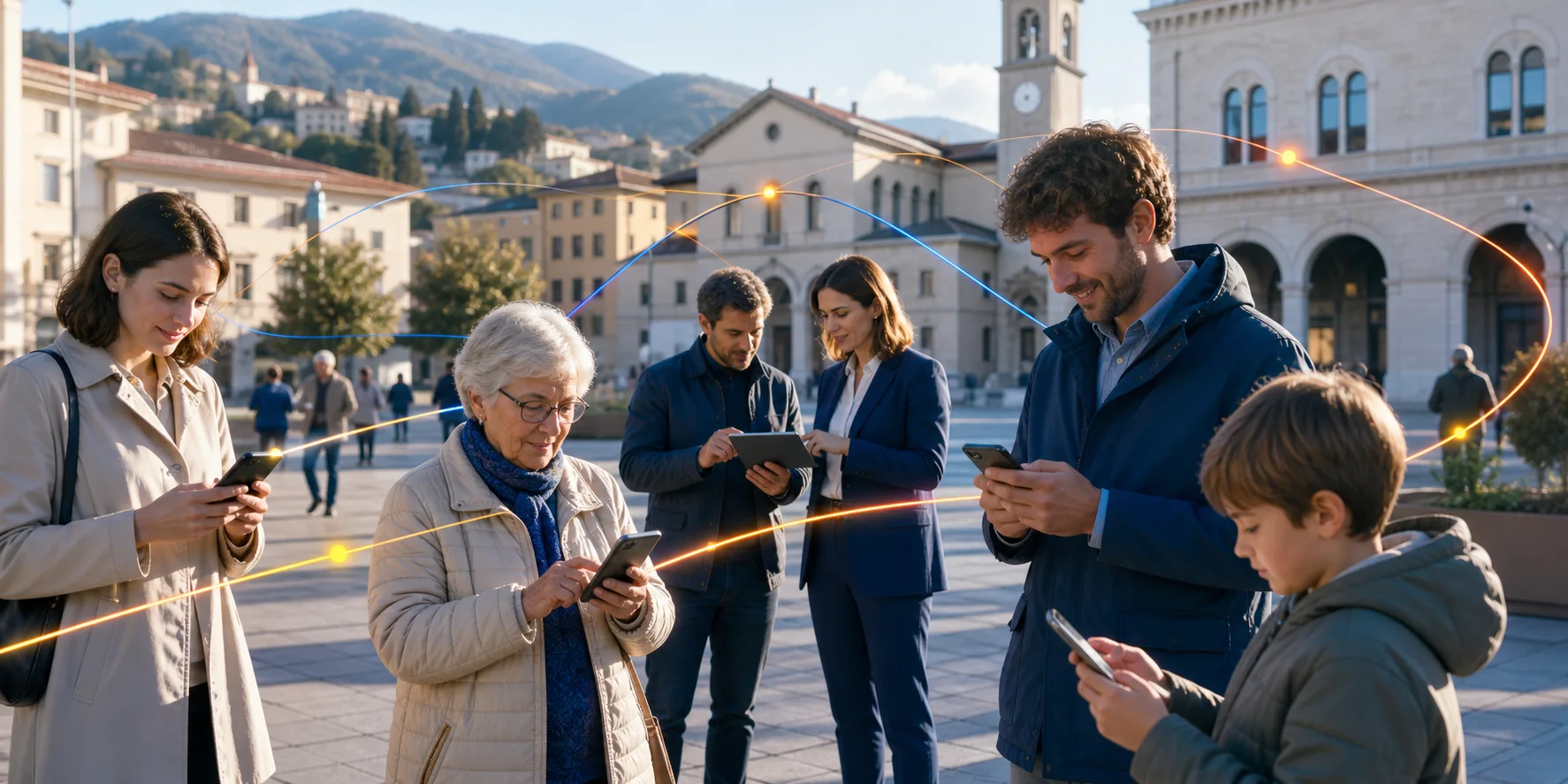 Cittadini in una piazza italiana collegati da una rete di comunicazione civica